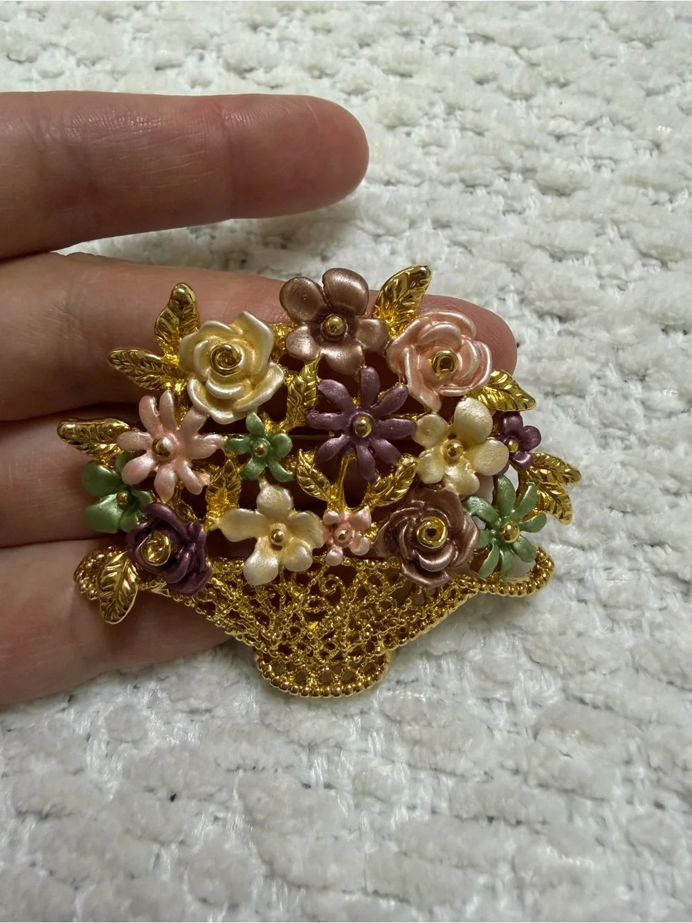 Vintage Flower Basket Brooch Pin Gold Toned